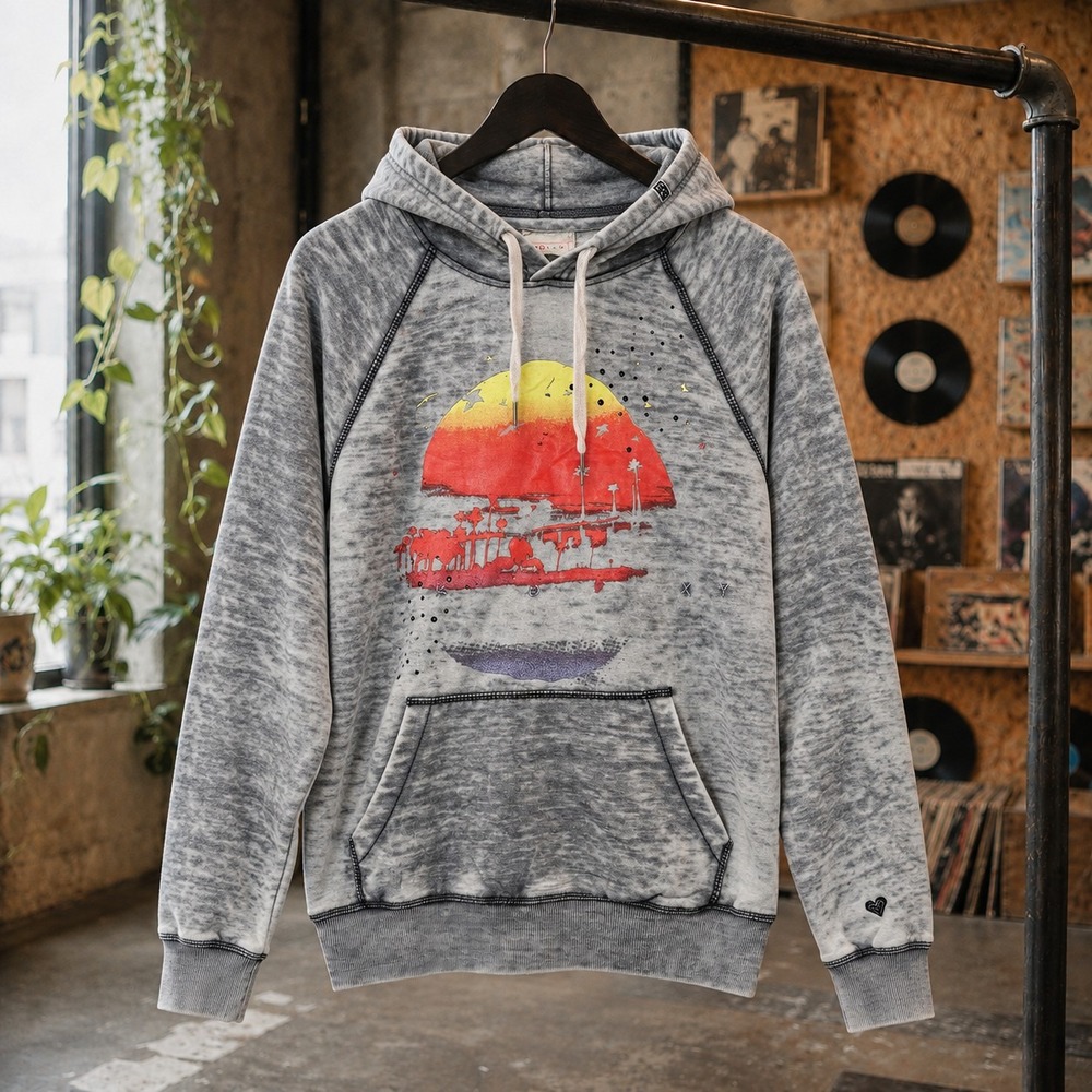 y2k Roxy Grey Burnout Sunset Graphic Hoodie Rhinestone Raglan Pullover S